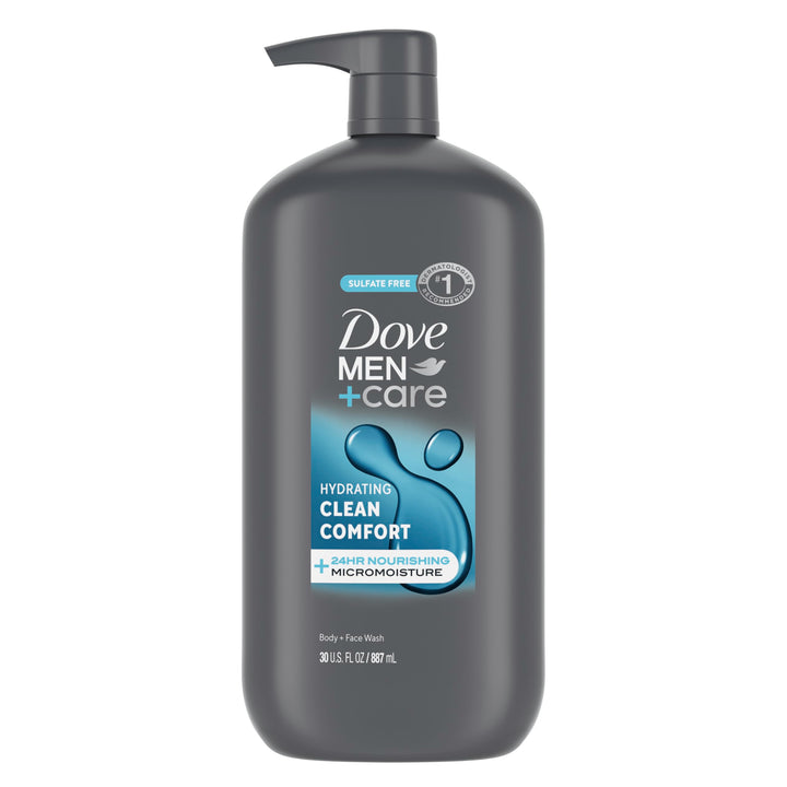 DOVE MEN + CARE front packaging showing 30 oz bottle and branding benefit of hydration