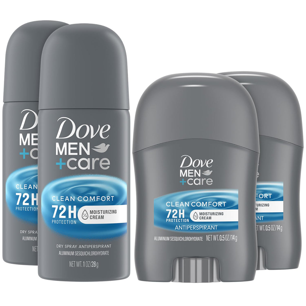 Dove Men+Care front packaging shows compact travel antiperspirant set benefit convenience