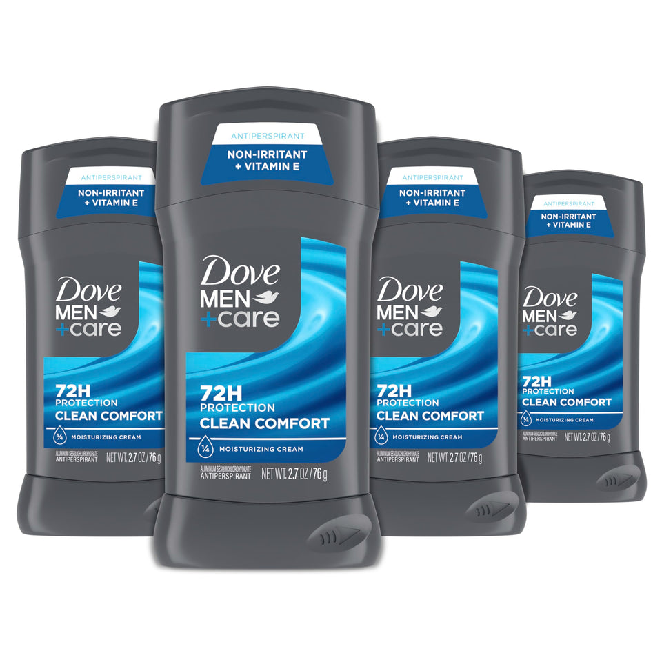 DOVE MEN + CARE front packaging showing four sticks and benefits