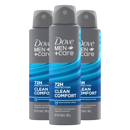 Dove Men+Care front packaging showing three 3.8oz cans and clear labeling