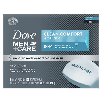 DOVE MEN + CARE front packaging showing eight moisturizing bars and brand identity