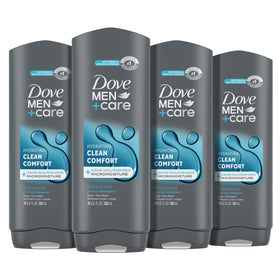 Dove Men+Care front packaging showing four 18 oz bottles and clear labeling for value