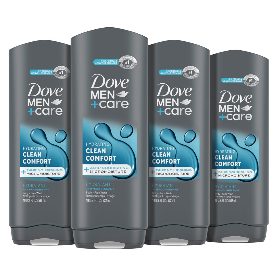 Dove Men+Care front packaging showing four 18 oz bottles and clear labeling for value