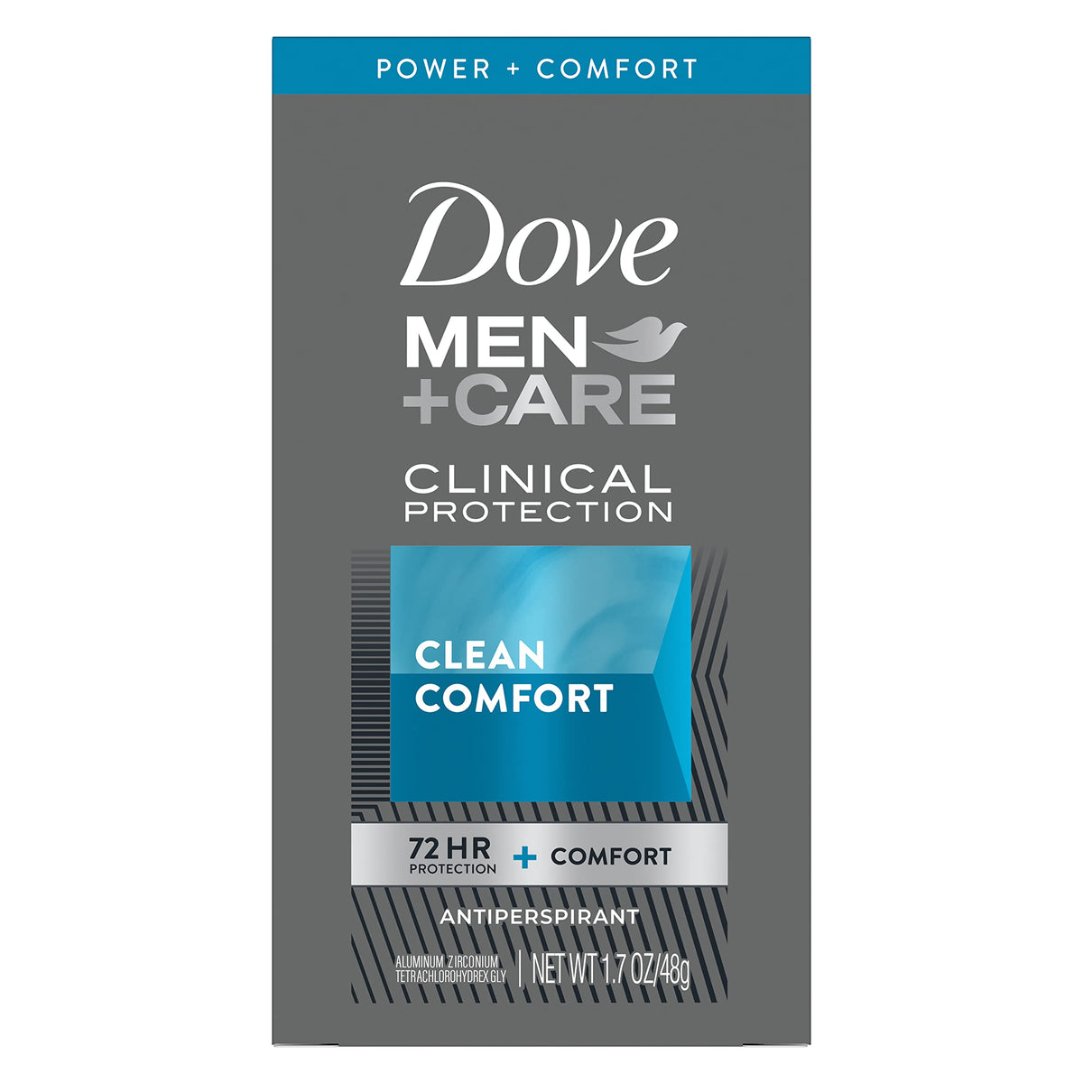 Dove Men+Care front packaging showing product name and 72-hour benefit