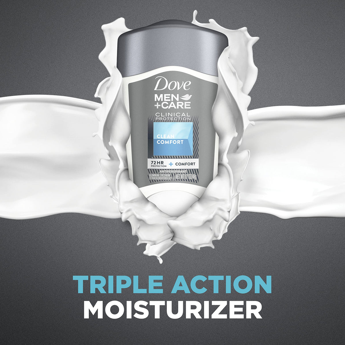 Dove Men+Care label close-up showing Triple Action Moisturizer and features
