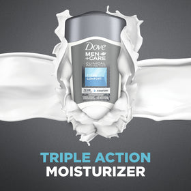 Dove Men+Care label close-up showing Triple Action Moisturizer and features
