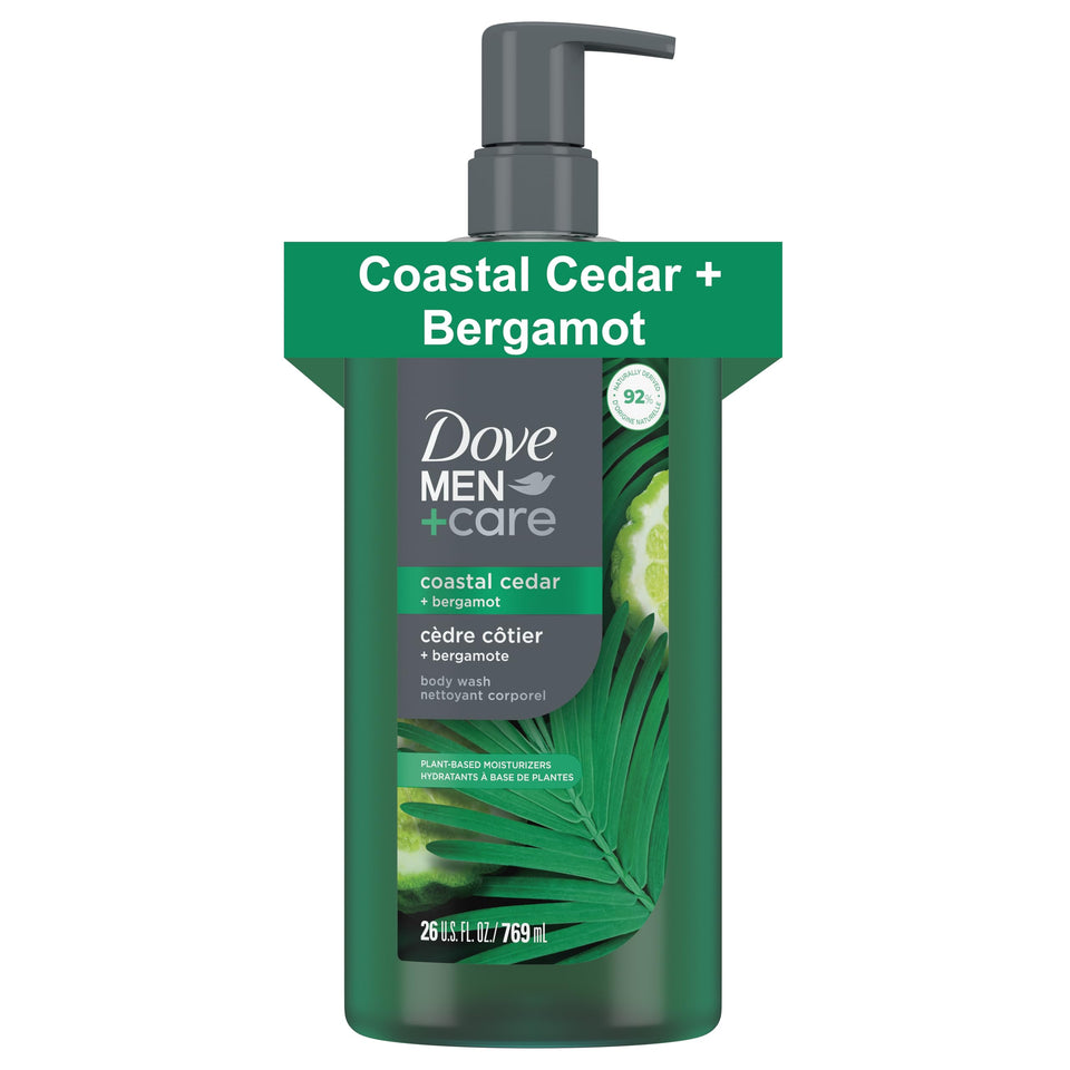 Dove Men+Care front packaging showing cedar and bergamot fragrance benefit