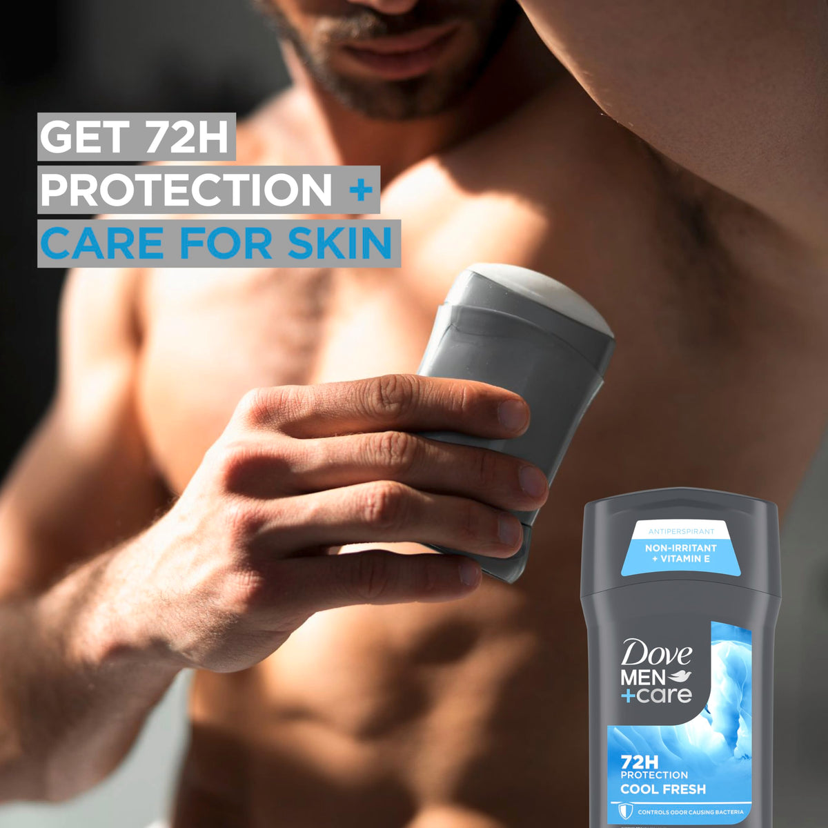 Dove Men+Care four-pack arranged to show value and long-lasting supply