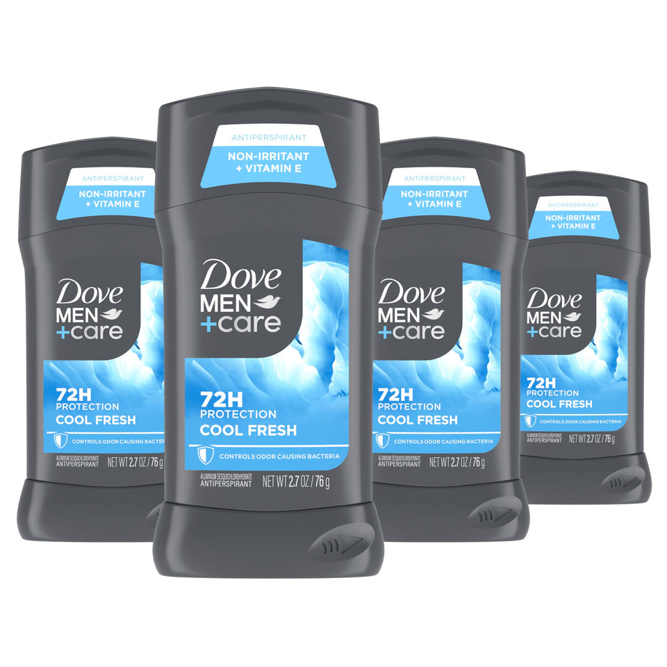 Dove Men+Care front pack showing four sticks and clear branding for confidence