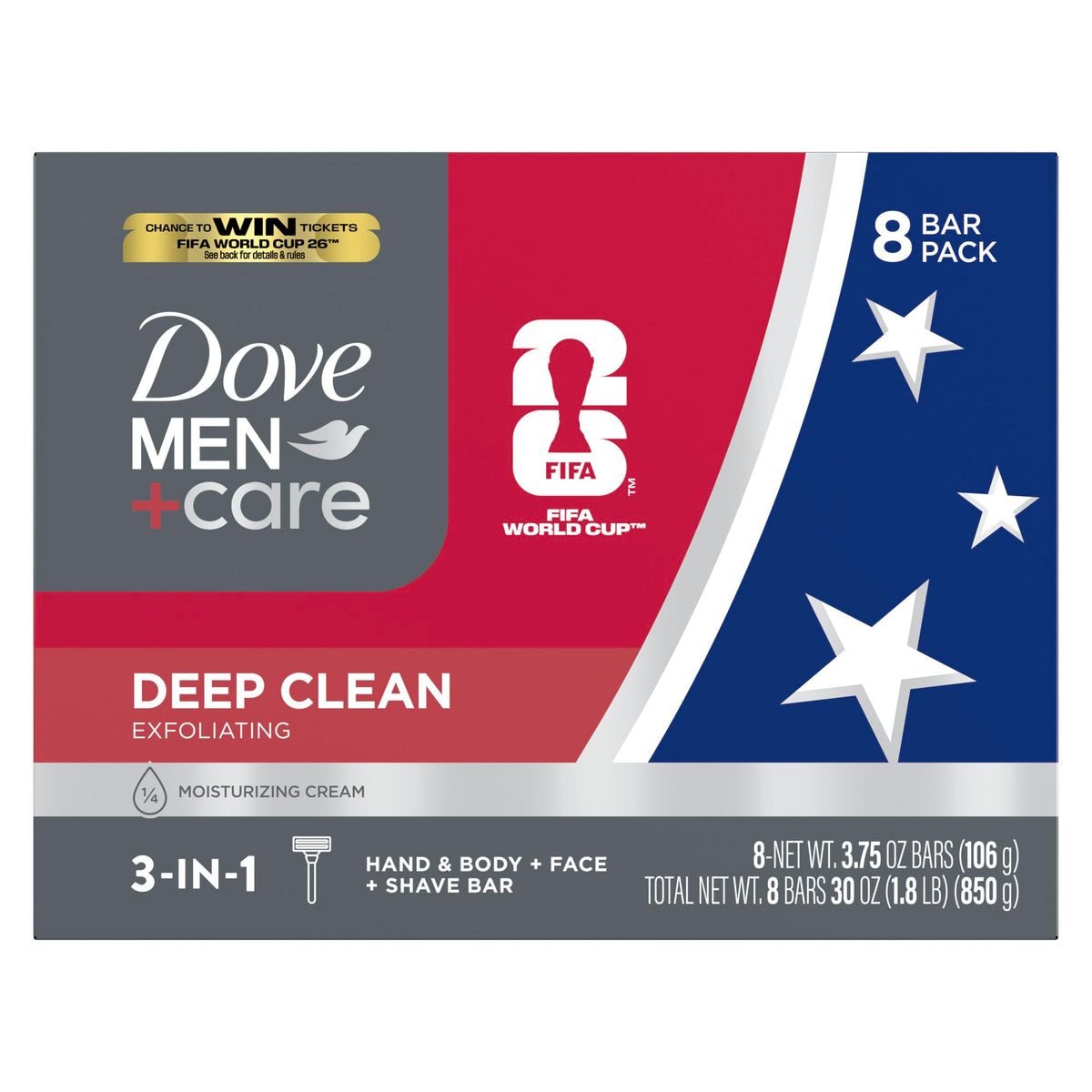 Dove Men+Care front packaging showing multiple deep clean bars and quantity benefit