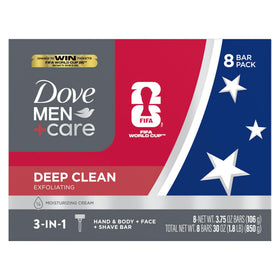 Dove Men+Care front packaging showing multiple deep clean bars and quantity benefit