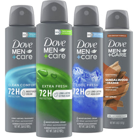 Dove Men+Care front view of four-pack showing packaging and scent names for convenience