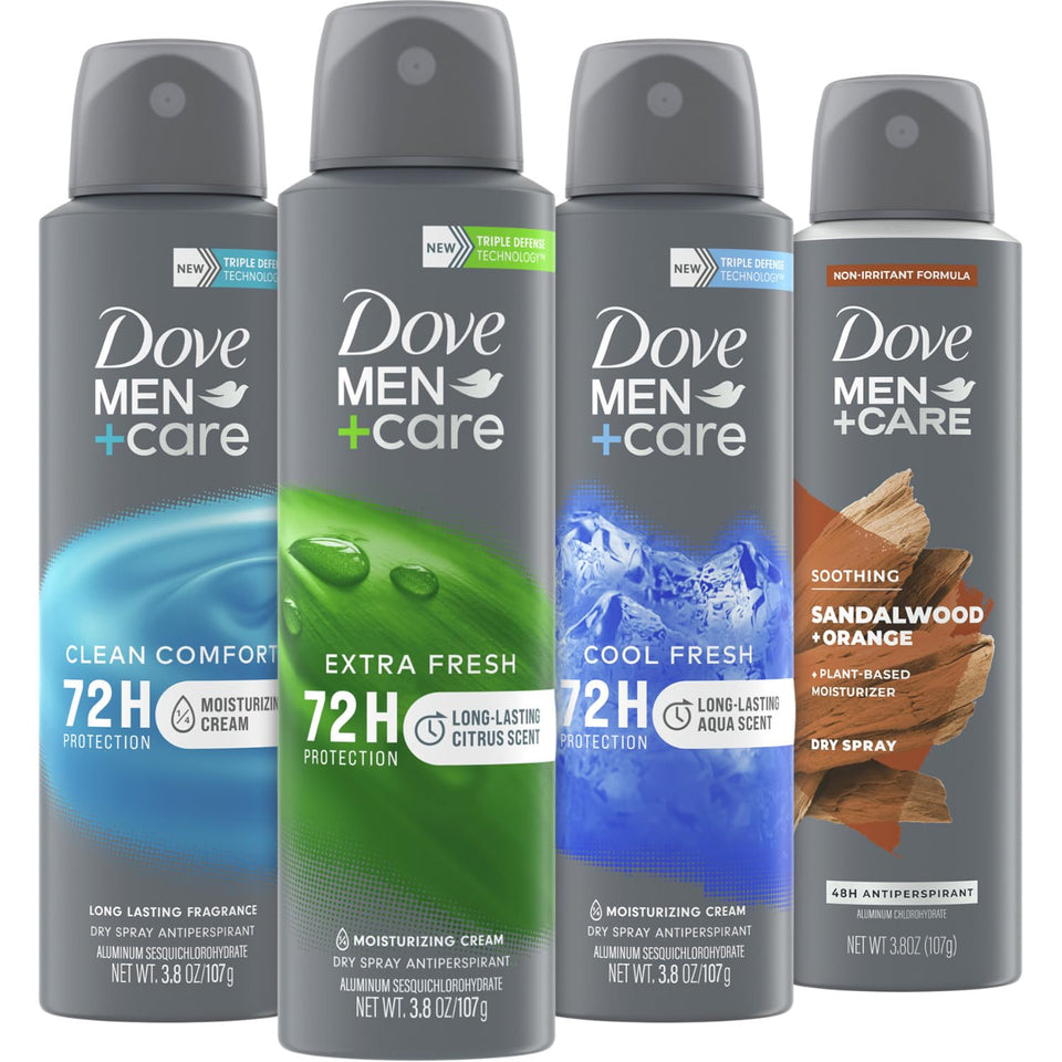 Dove Men+Care front view of four-pack showing packaging and scent names for convenience