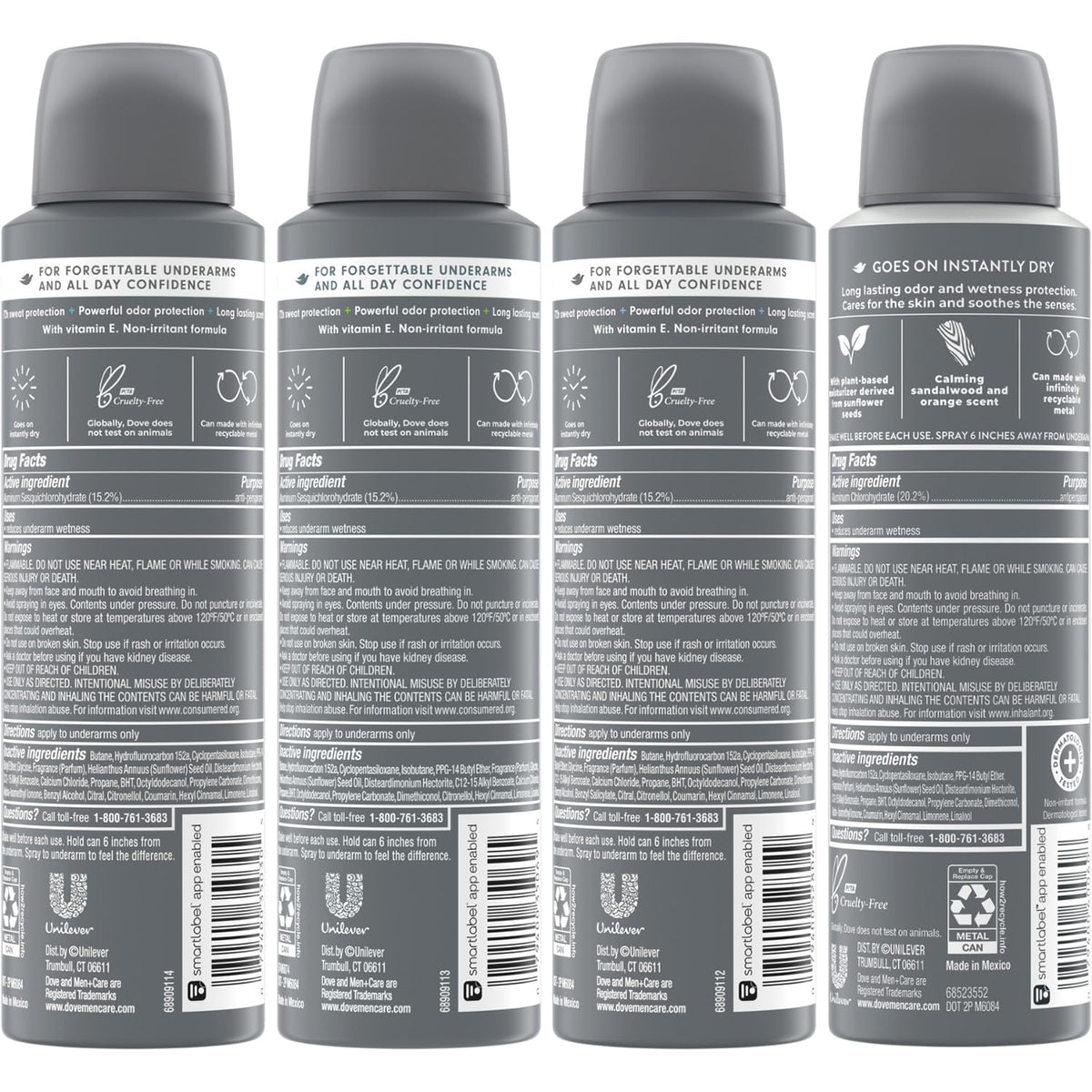 Dove Men+Care four cans lined up to show variety and easy selection for daily use
