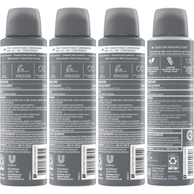 Dove Men+Care four cans lined up to show variety and easy selection for daily use