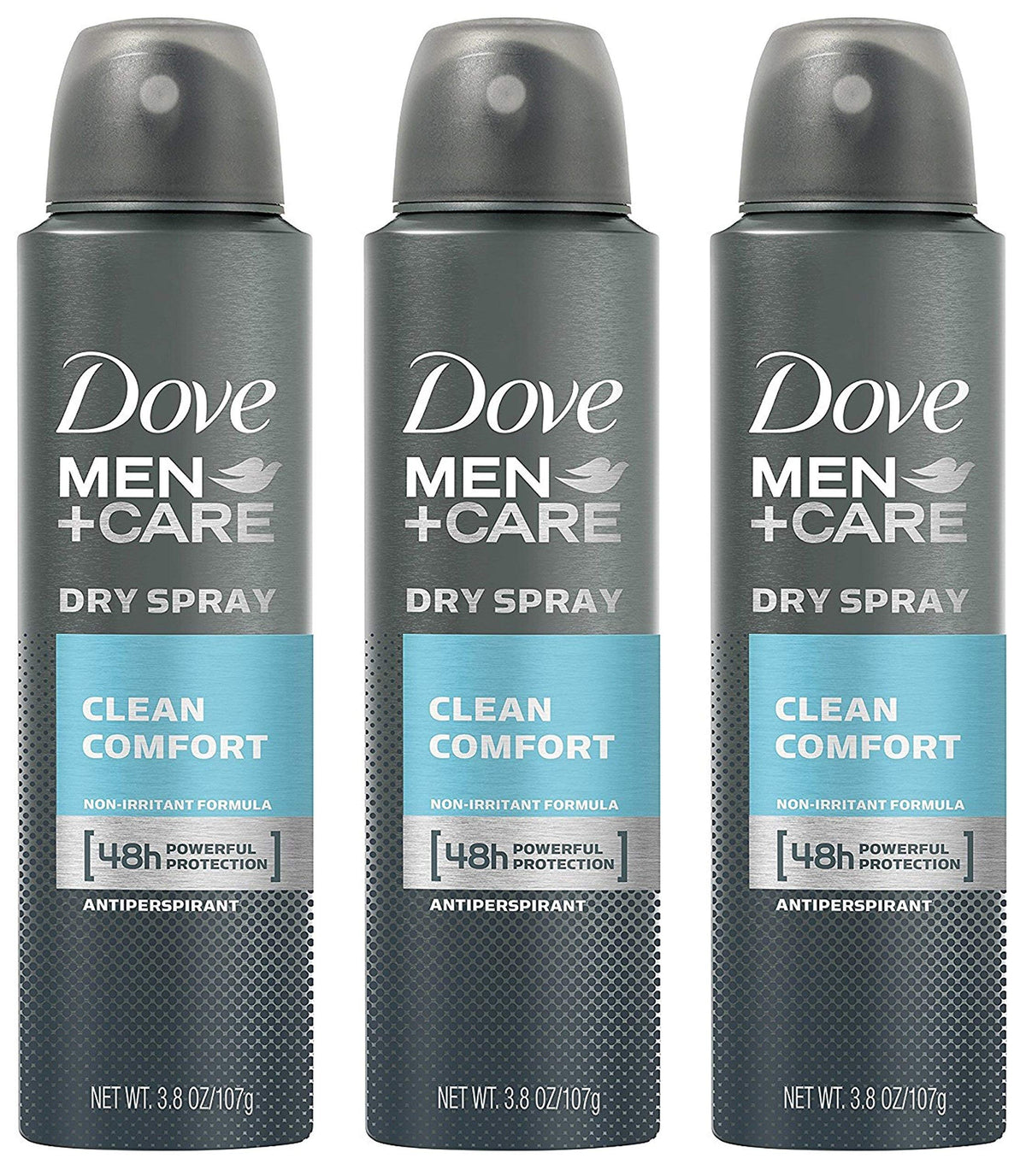 Dove Men + Care front packaging showing three cans and pack benefit
