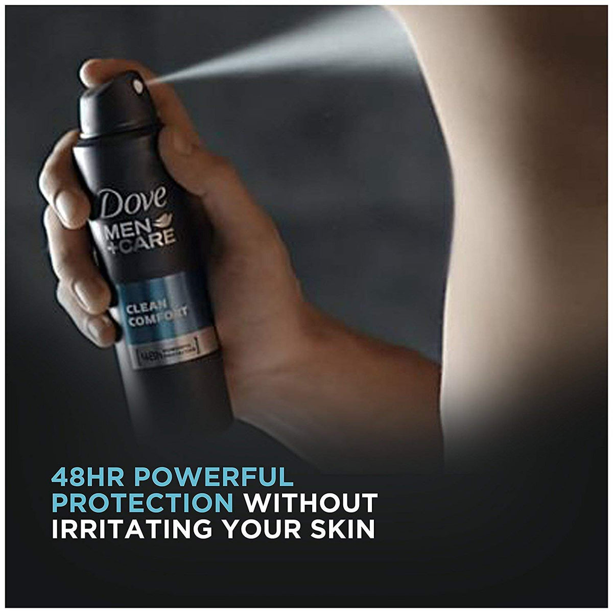 Dove Men + Care label close-up highlighting alcohol-free and gentle benefit