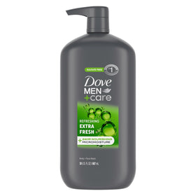 DOVE MEN + CARE front bottle showing label and size, highlights value