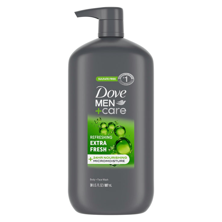 DOVE MEN + CARE front bottle showing label and size, highlights value