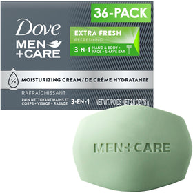 Dove Men+Care extra fresh front packaging showing 36-pack and brand for convenient bulk supply