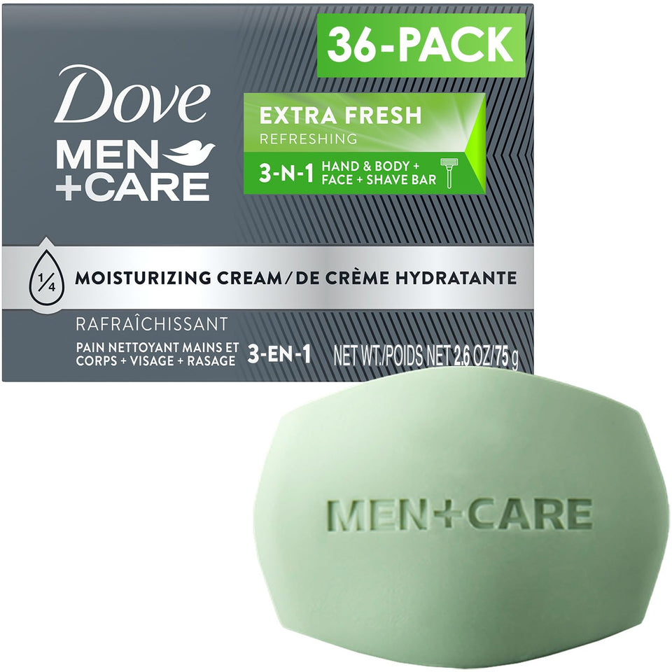 Dove Men+Care extra fresh front packaging showing 36-pack and brand for convenient bulk supply