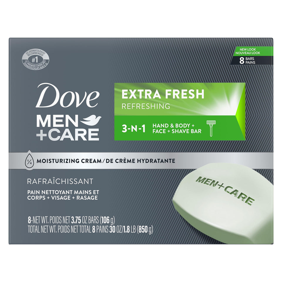 DOVE MEN + CARE front packaging showing bar benefits and scent
