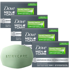 Dove Men+Care front pack showing four bars and hydrating formula benefit