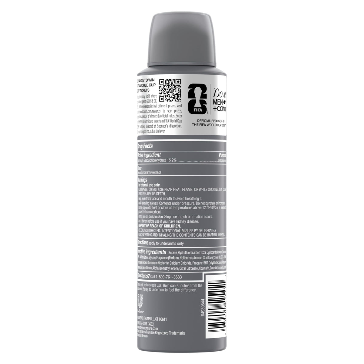 Dove Men+Care side label highlighting 72H protection and moisturizer benefit