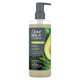 DOVE MEN + CARE front bottle showing avocado and tea tree benefits
