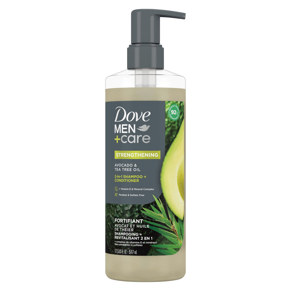 DOVE MEN + CARE front bottle showing avocado and tea tree benefits