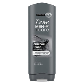 DOVE MEN + CARE front bottle view showing charcoal and clay benefits