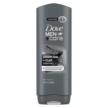 DOVE MEN + CARE front bottle view showing charcoal and clay benefits