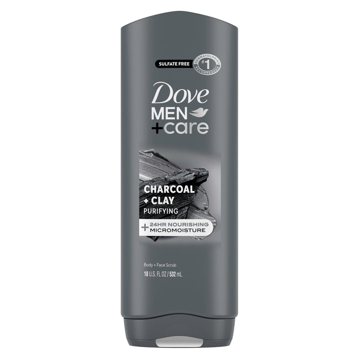 DOVE MEN + CARE front bottle view showing charcoal and clay benefits