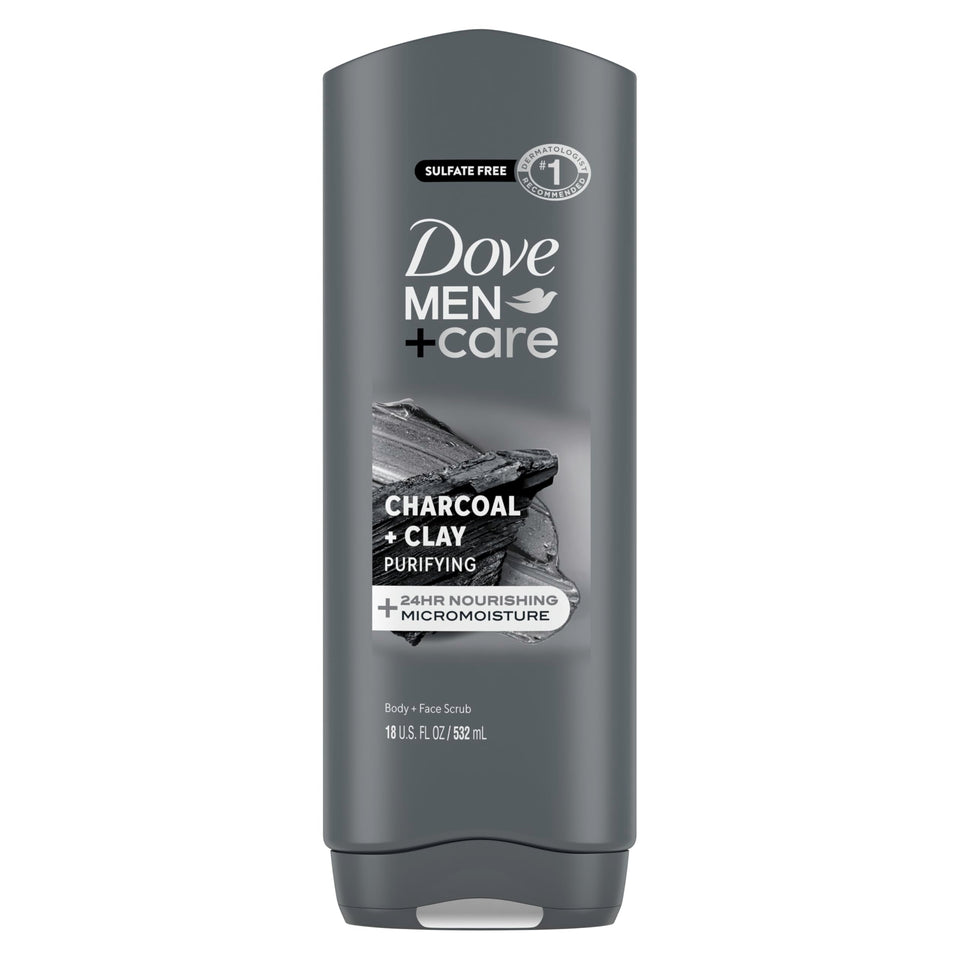 DOVE MEN + CARE front bottle view showing charcoal and clay benefits