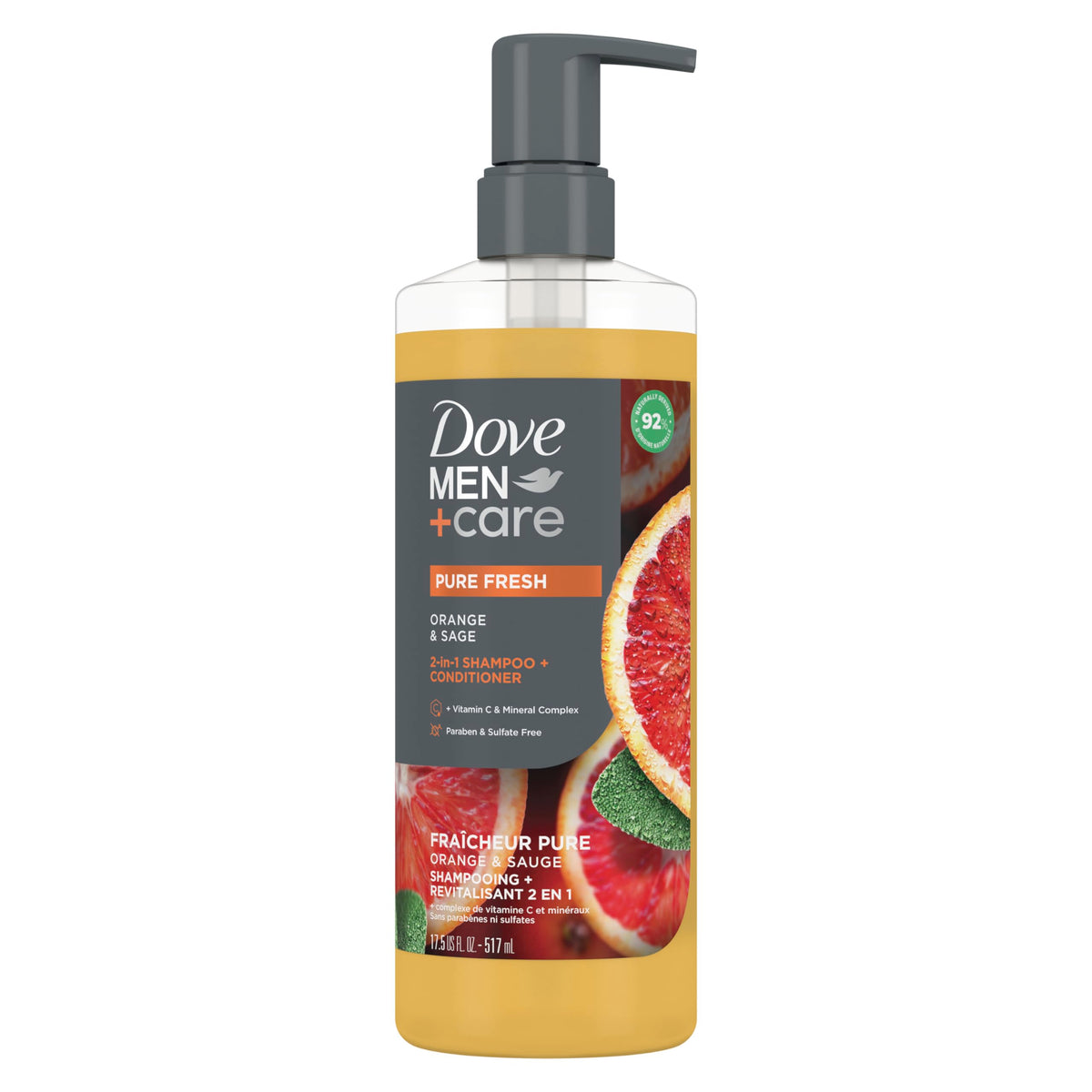 DOVE MEN + CARE front bottle with orange and sage scent, energizes hair care