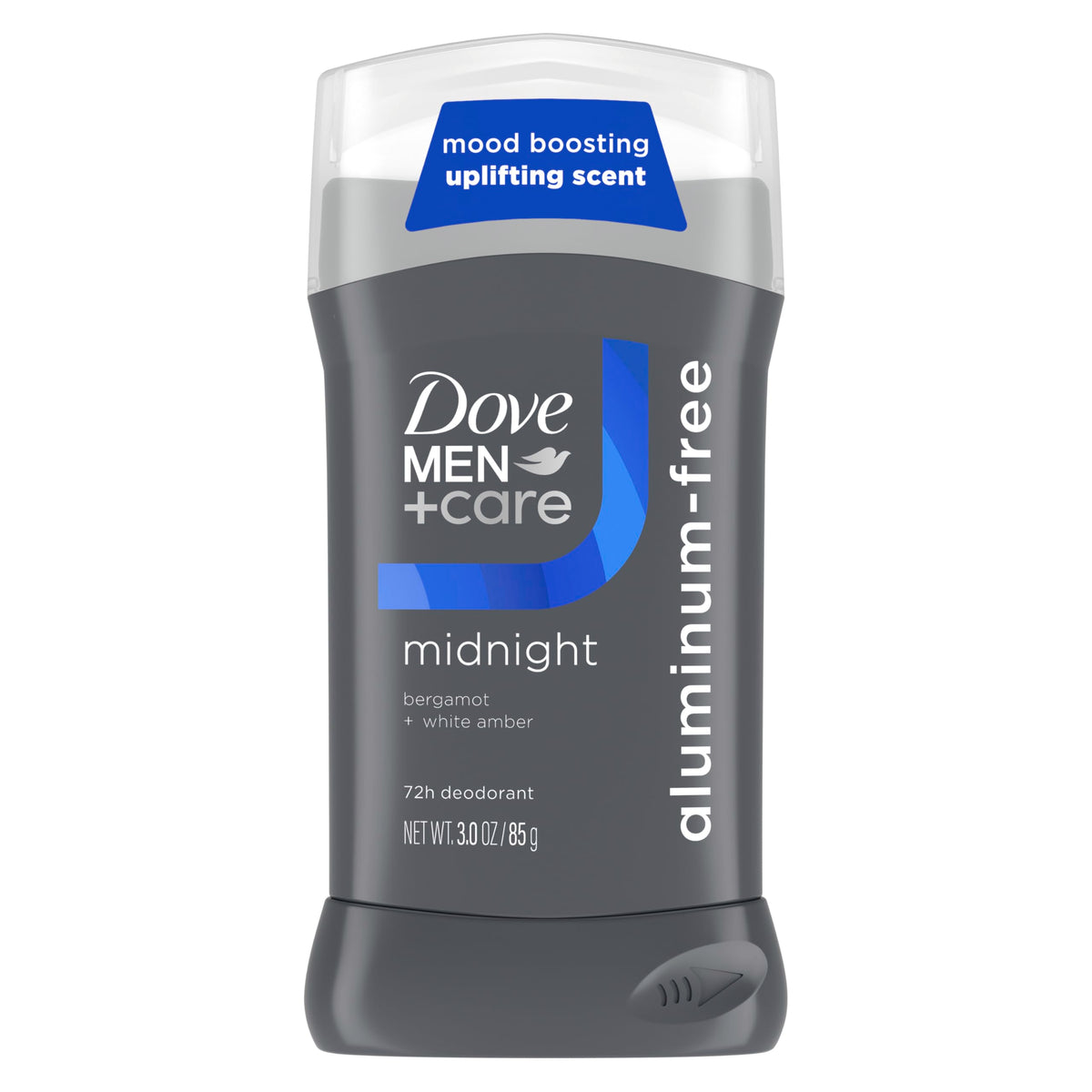 DOVE MEN + CARE front packaging showing bergamot and white amber scent and benefit