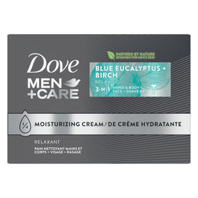 DOVE MEN+CARE front packaging showing blue eucalyptus scent and benefits