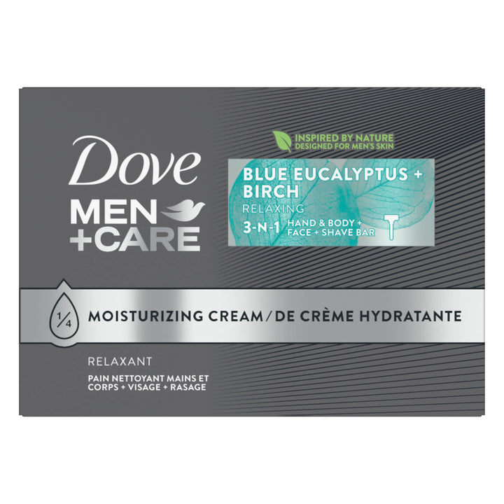 DOVE MEN+CARE front packaging showing blue eucalyptus scent and benefits