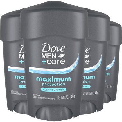 Dove Men+Care front packaging showing four sticks and brand reliability