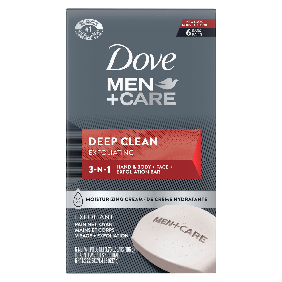 Dove Men+Care front packaging showing six deep clean bars and benefits