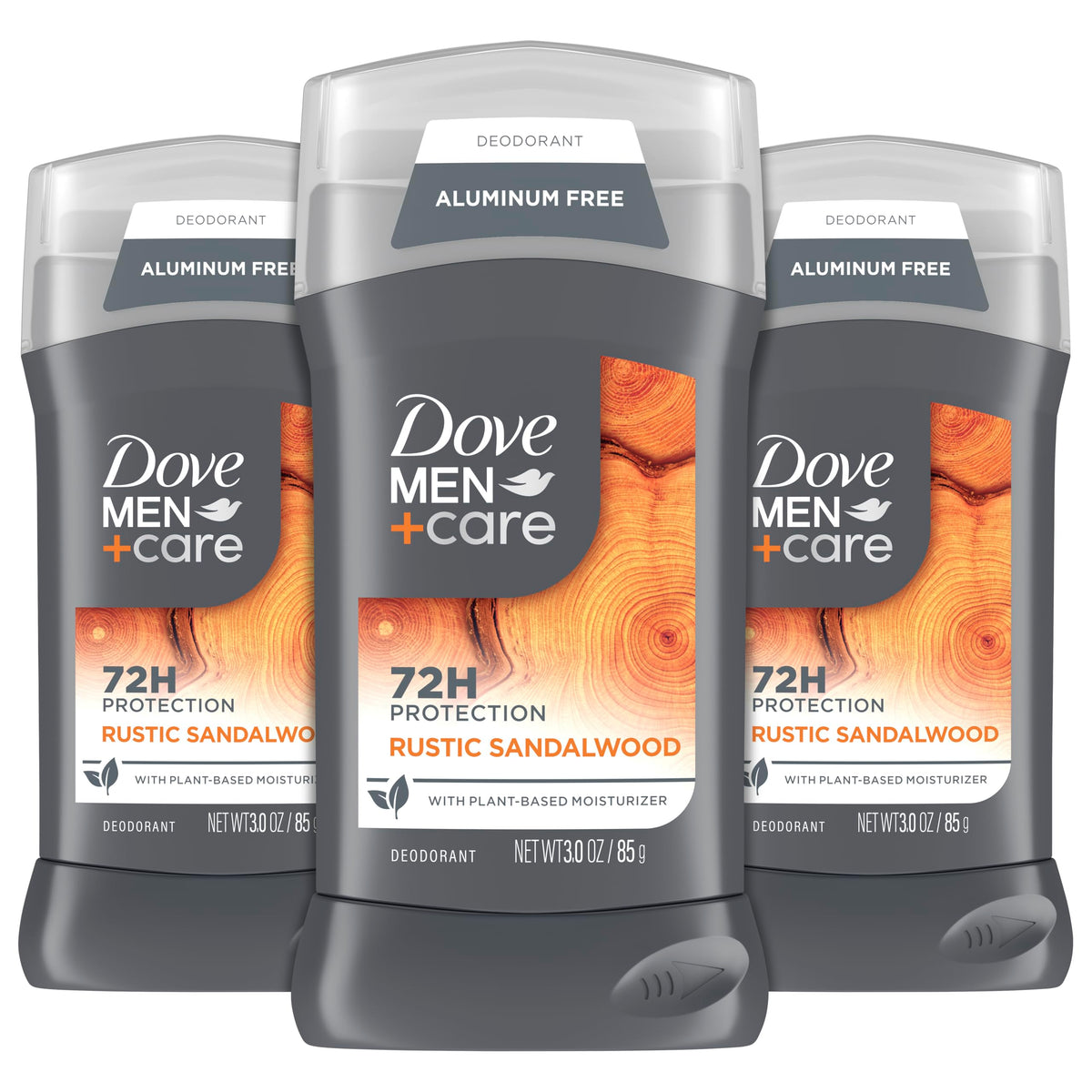 DOVE MEN + CARE front packaging showing Rustic Sandalwood scent and 3-pack benefit