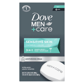 DOVE MEN + CARE front packaging showing six sensitive skin bars and benefits