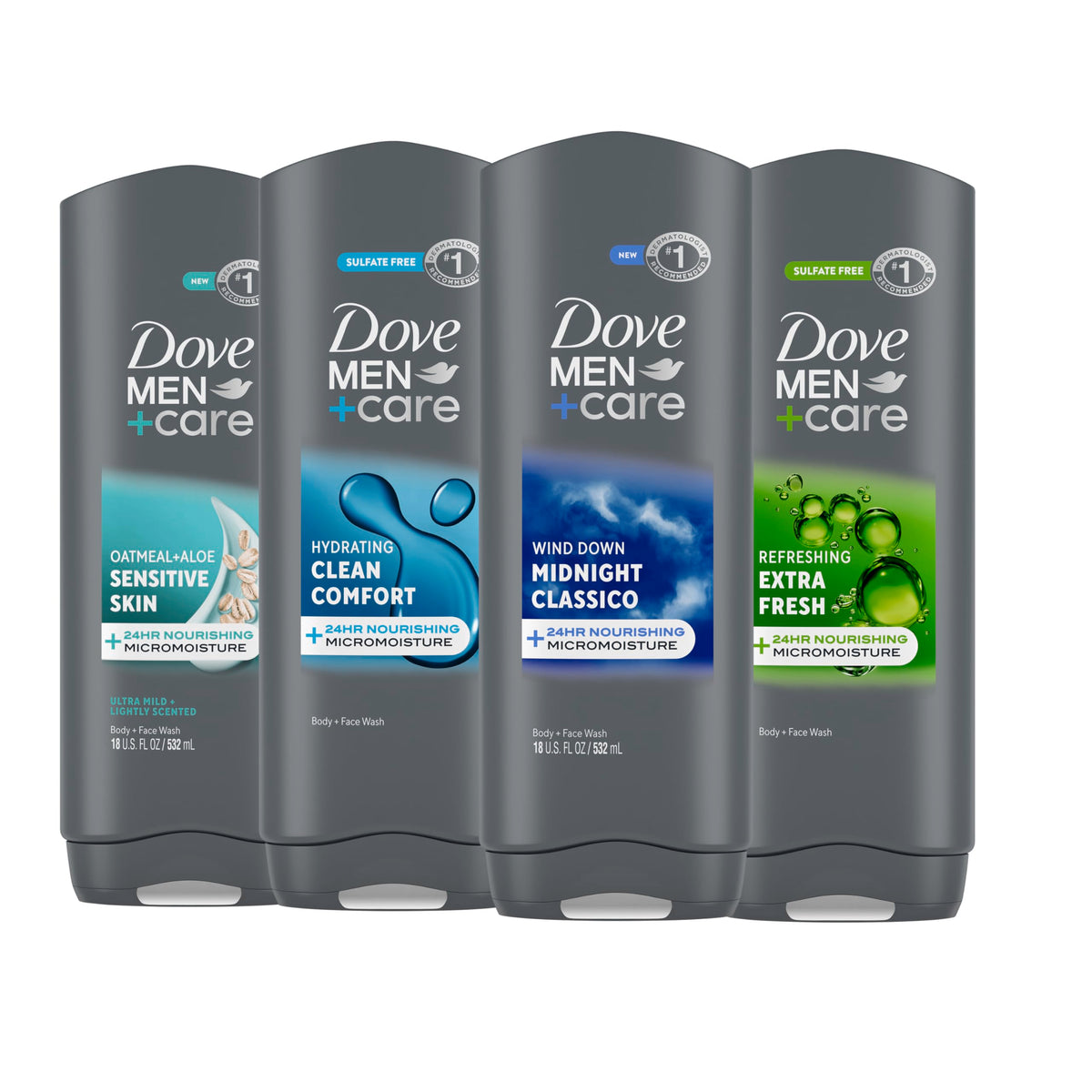 DOVE MEN + CARE front packaging showing four 18 fl oz bottles and benefits