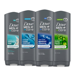 DOVE MEN + CARE front packaging showing four 18 fl oz bottles and benefits