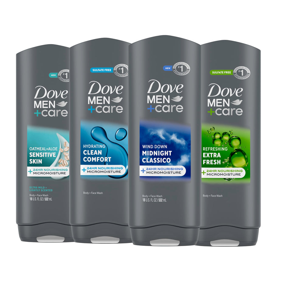 DOVE MEN + CARE front packaging showing four 18 fl oz bottles and benefits
