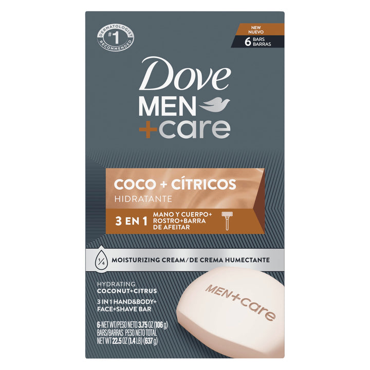 Dove Men+Care front packaging showing 6-pack and benefit of hydration