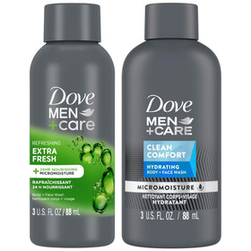 Dove Men+Care front packaging showing two 3 oz bottles and travel convenience