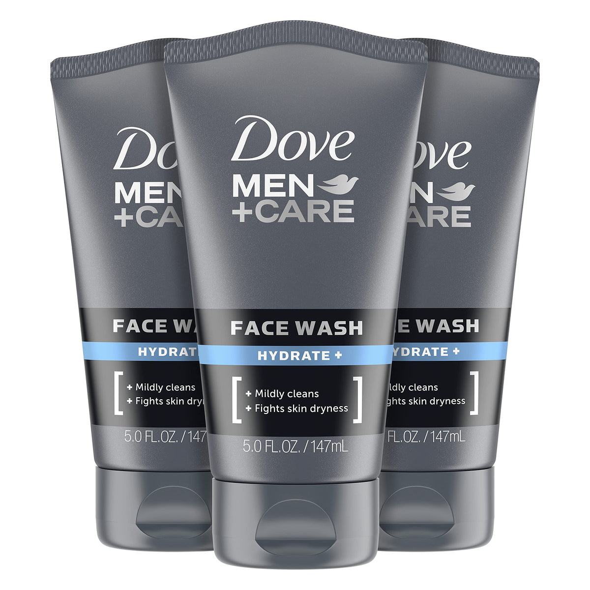 DOVE MEN + CARE front packaging showing three 5 oz bottles and quick benefit