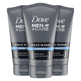DOVE MEN + CARE front packaging showing three 5 oz bottles and quick benefit