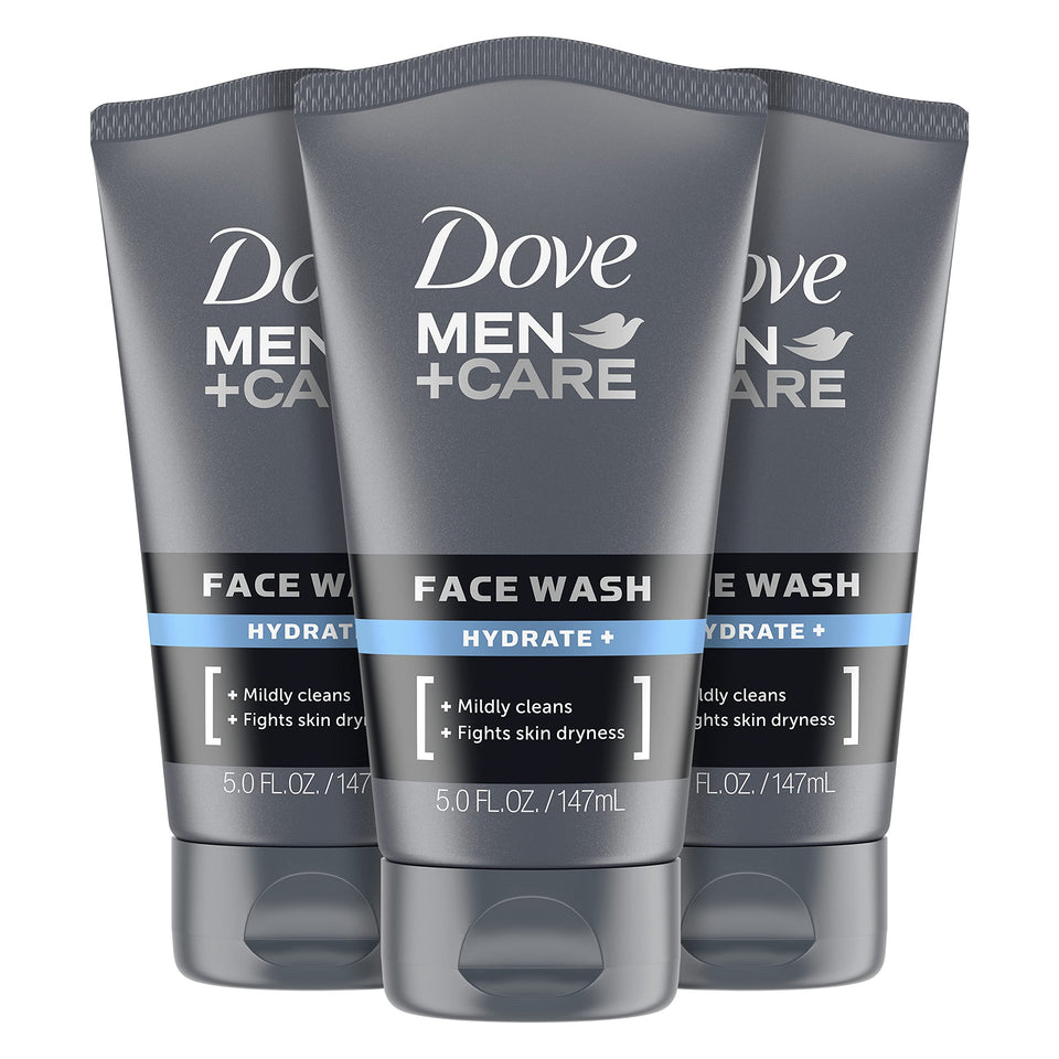 DOVE MEN + CARE front packaging showing three 5 oz bottles and quick benefit